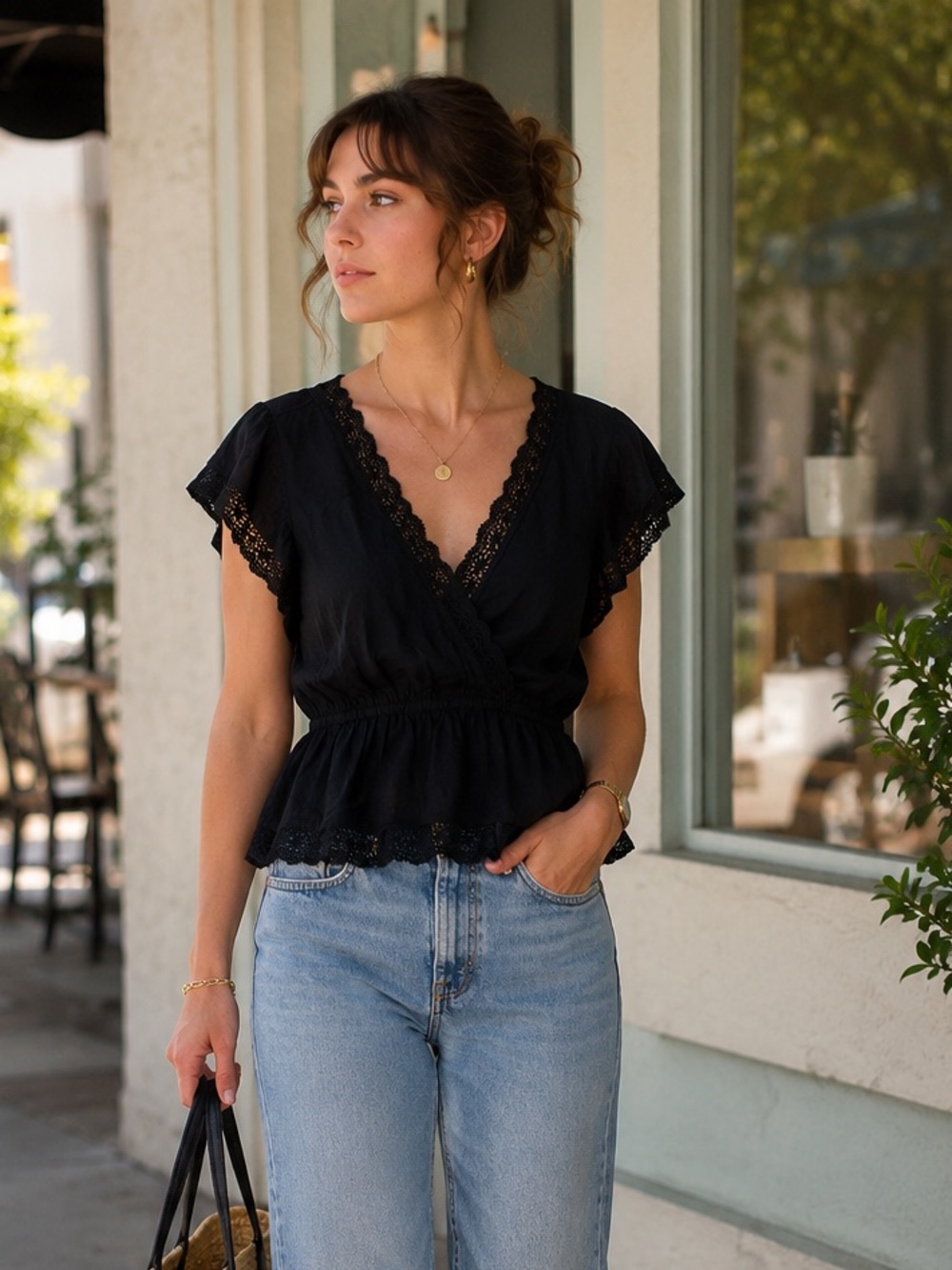 Abercrombie & Fitch Black Lace Trim Peplum Blouse Size Large